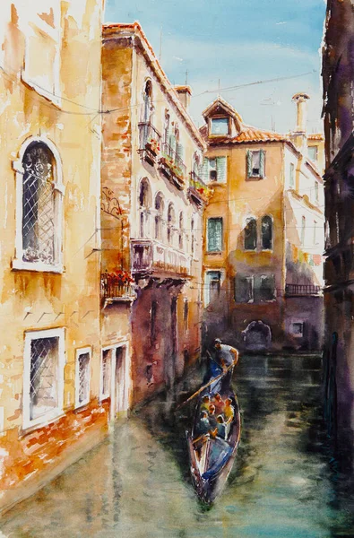 ゴンドラ上の観光客とヴェネツィア運河を旅行 歴史的な景色を望むイタリアのランドマークを描いています 水彩風景原画を紙に多色 世界のイラストランドマーク — ストック写真