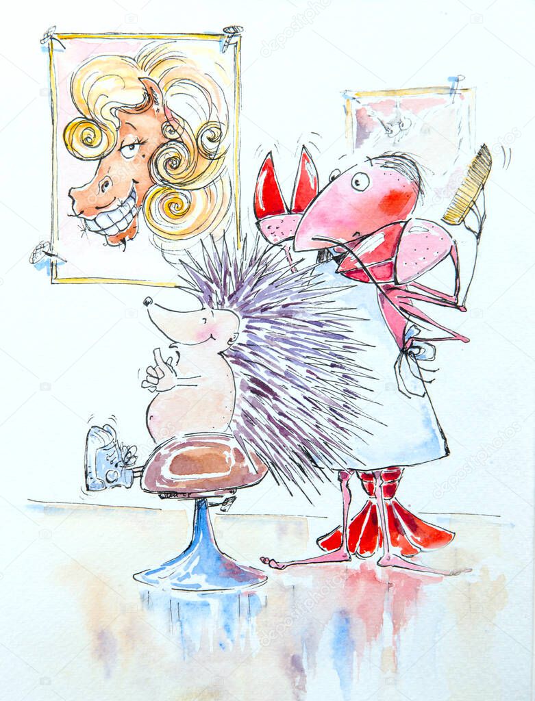 Hedgehog at the hairdresser. The concept is humorous theme of hair salon. Illustration painted with watercolors.