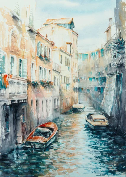 Canal Venice Italy Watercolor Landscape Original Painting Multicolored Paper Illustration — Stock Photo, Image