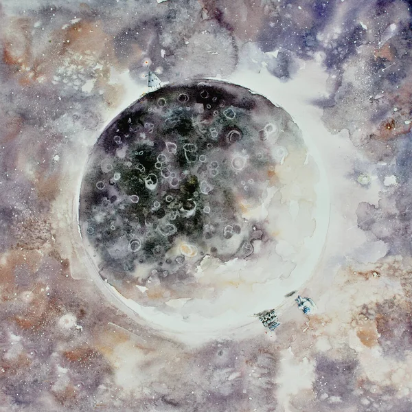 Ilustración Acuarela Luna Dibujada Mano Con Una Pequeña Nave Espacial —  Fotos de Stock