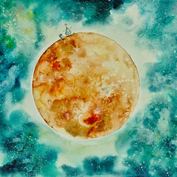 Mão Desenhada Lua Aquarela Ilustração Com Pequena Nave Espacial — Fotografia de Stock