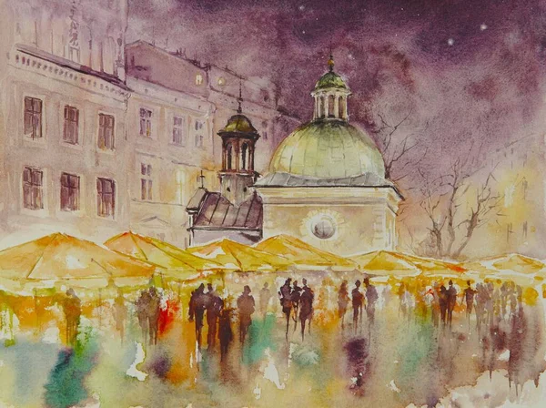 Krakow Ana Meydanı'nda St Wojciech Kilisesi. Krakow, Malopolskie, Polonya. Resim suluboya ile oluşturulan.