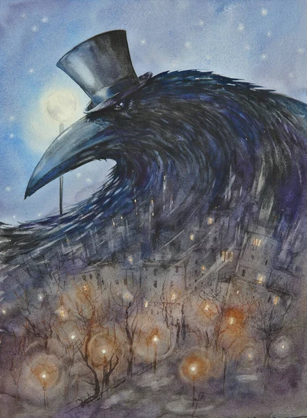 Havran Klobouku Symbolizujícím Noc Přicházející Nad Městem Ilustrace Akvarely — Stock fotografie