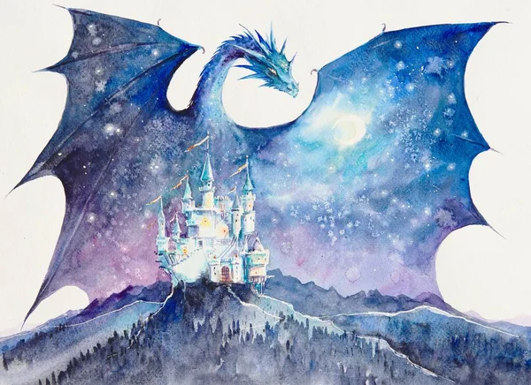 Castle Guard White Castle Hill Background Huge Dragon Spreading Its — Stock Photo, Image