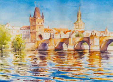 Charles Köprüsü, güneşli yaz gününde Vltava Nehri üzerinde, Prag, Çek Cumhuriyeti. Resim, benim fotoğrafımdaki suluboya resimlerle yapıldı..