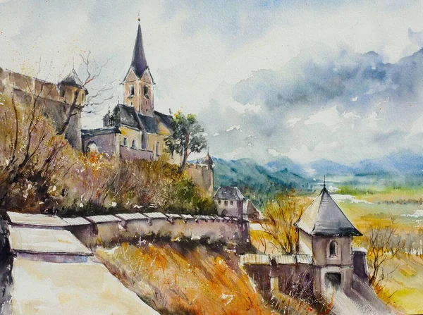 Hand Drawn Watercolor Colorful Castle Church Towers Hill — Foto Stock