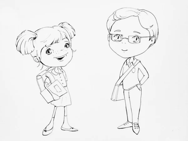 快乐的女孩和男孩穿着校服 笑孩子 学校的朋友 兄弟姐妹 男婴和女婴 手绘插图在纸上 — 图库照片