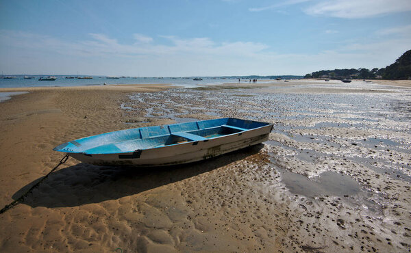 Blue Boat Sand Beach Ebb Brittany France Royalty Free Stock Images