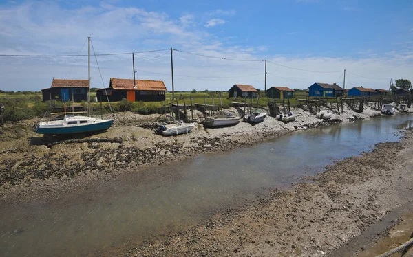 Кольорові Човни Каналі Низькому Припливі Березі Барвисті Сараї Tremblade Brittany — стокове фото