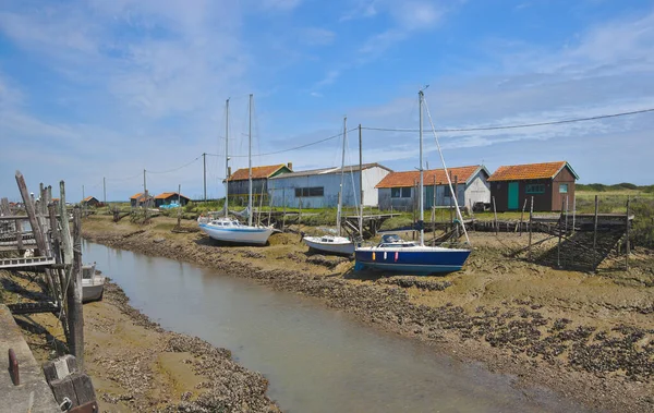 Colorful Boats Canal Low Tide Colorful Sheds Shore Tremblade Brittany — Stockfoto