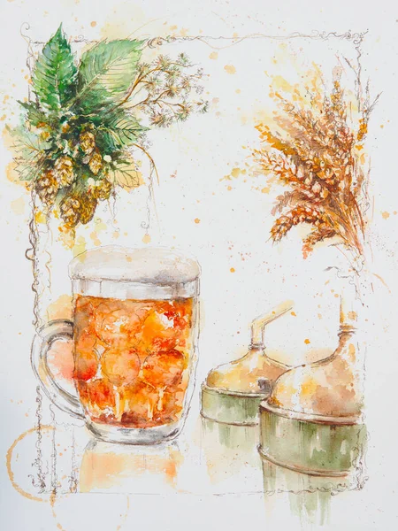 Ingredients for brewery. Hop beer items with hop plant twigs, glass beer and ears of wheat. Hand painted illustration with watercolors on a paper.