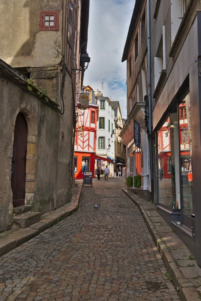 Vannes, France - May 25, 2022: Colorful old wooden houses in the historical center of Vannes, coastal medieveal town in Morbihan departement, Brittany, France.