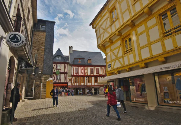 Vannes, France - May 25, 2022: Colorful old wooden houses in the historical center of Vannes, coastal medieveal town in Morbihan departement, Brittany, France.