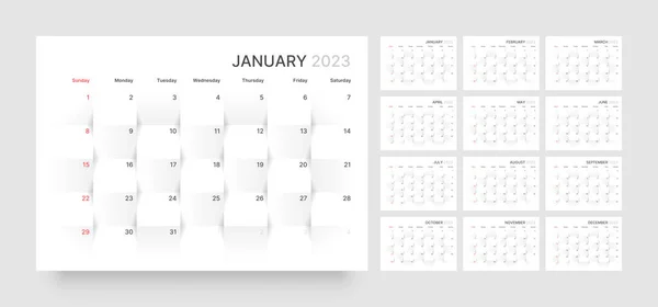 Calendario mensual para 2023 año. Comienza el domingo. — Vector de stock