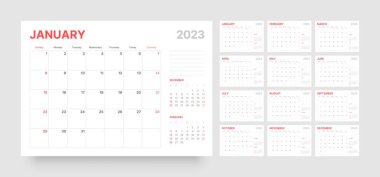 2023 yılı için aylık takvim. Pazar günü başlıyor..