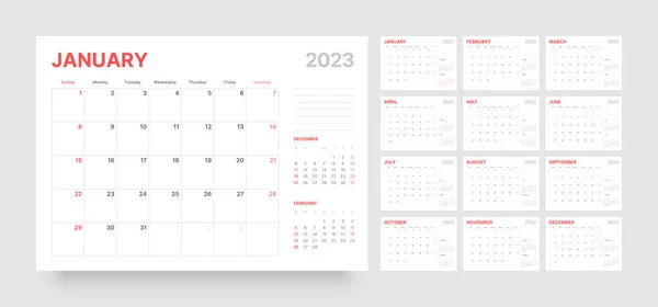 Calendário mensal para 2023 ano. Começa no domingo. — Vetor de Stock