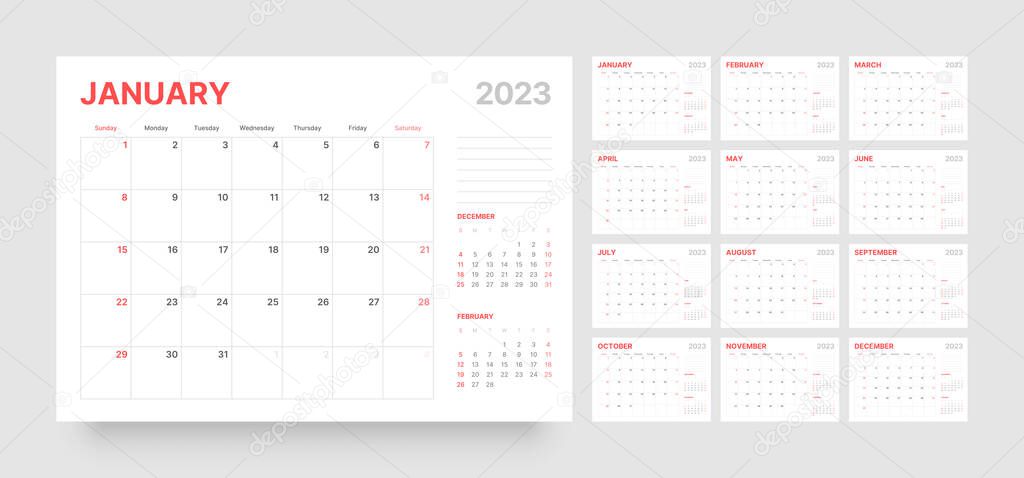 Monthly calendar for 2023 year. Starts on Sunday.