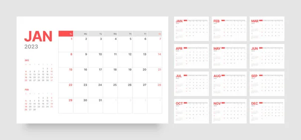 Calendario mensual para 2023 año. Comienza el domingo. — Vector de stock