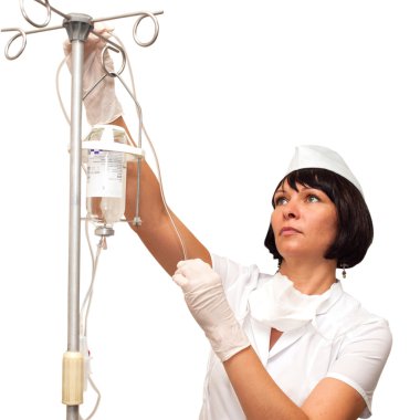 Nurse preparing to hold intravenous drip medication clipart
