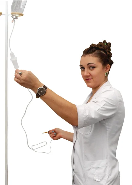 Nurse preparing to hold intravenous drip medication — Stock Photo, Image