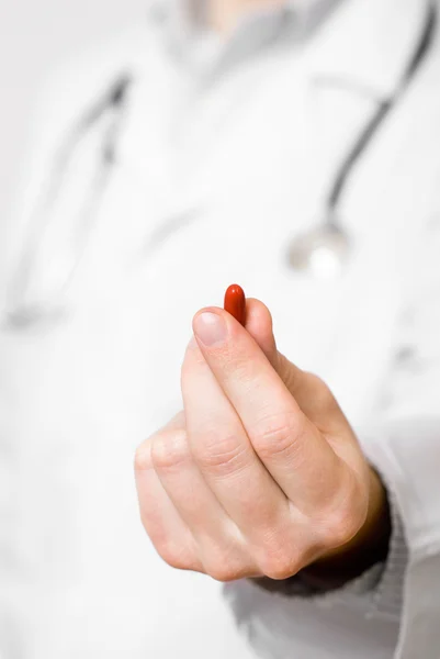 Доктор ізольований на сірому фоні, пропонуючи таблетки — стокове фото