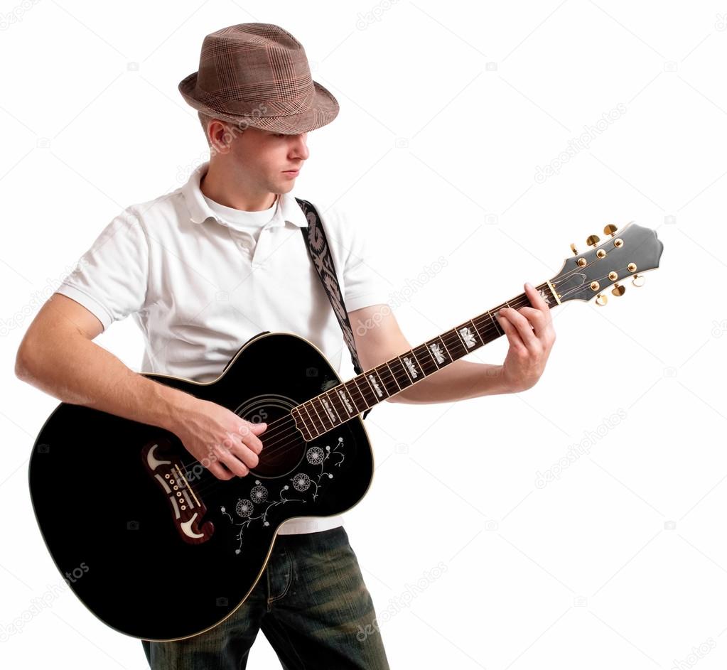 Musician playing solo on guitar.