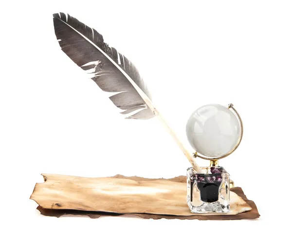 Old paper, globe and feather — Stock Photo, Image