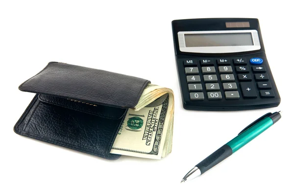 Geldbörse, Dollar, Stift und Taschenrechner — Stockfoto
