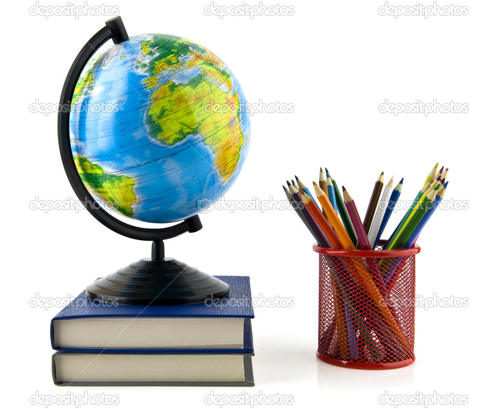 books, pencils and globe