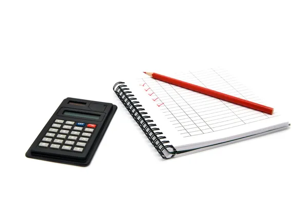 Kalkulator, notatnik i ołówek — Zdjęcie stockowe