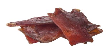 Kurutulmuş et parçası beyaz arkaplanda izole edilmiş. Tam alan derinliği. Tasarım ayrıntıları. Tasarım elemanları. Makro. Tam odaklanma. Kartvizitler, kartpostallar ve posterler için arka plan. Gıda nesnesi tasarımı. 