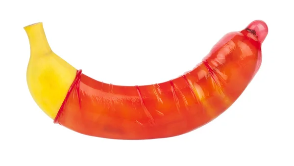 Plátano Con Condón Rojo Aislado Sobre Fondo Blanco Concepto Sexo — Foto de Stock