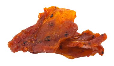 Kurutulmuş et parçası beyaz arkaplanda izole edilmiş. Tam alan derinliği. Tasarım ayrıntıları. Tasarım elemanları. Makro. Tam odaklanma. Kartvizitler, kartpostallar ve posterler için arka plan. Gıda nesnesi tasarımı. 