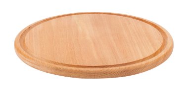 Beyaz arka planda izole edilmiş yuvarlak ahşap pizza tahtası. Tasarım ayrıntıları. Tasarım elemanları. Makro. Tam odaklanma. Kartvizitler, kartpostallar ve posterler için arka plan