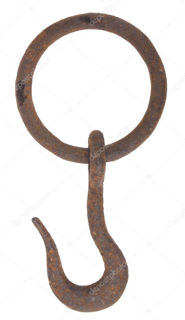 Rusty metal hook isolated on white background. Detail for design. Design elements. Macro. Full focus. Background for business cards, postcards and posters