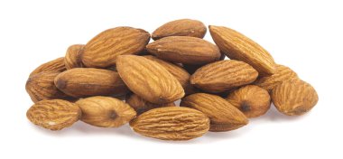 Badem beyaz arka planda izole edilmiş. Tasarım ayrıntıları. Tasarım elemanları. Makro. Tam odaklanma. Kartvizitler, kartpostallar ve posterler için arka plan. Gıda nesnesi tasarımı. 