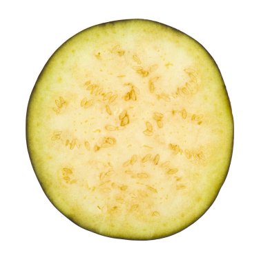 Beyaz arka planda izole edilmiş dilimlenmiş patlıcan. Tasarım ayrıntıları. Tasarım elemanları. Makro. Tam odaklanma. Kartvizitler, kartpostallar ve posterler için arka plan. Gıda nesnesi tasarımı. 