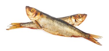 Tütsülenmiş kapelinli balıklar beyaz arka planda izole edilmiş. Tasarım ayrıntıları. tasarım elemanları. Makro. Tam odaklanma. Kartvizitler, kartpostallar ve posterler için arka plan.