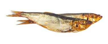 Tütsülenmiş kapelinli balıklar beyaz arka planda izole edilmiş. Tasarım ayrıntıları. tasarım elemanları. Makro. Tam odaklanma. Kartvizitler, kartpostallar ve posterler için arka plan.