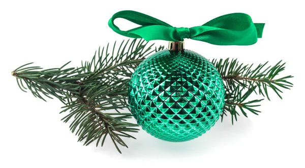 Pelota Verde Con Lazo Verde Una Rama Verde Árbol Navidad — Foto de Stock