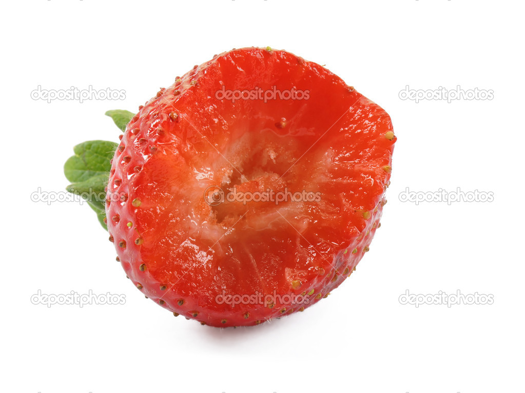 Bitten strawberry on white background