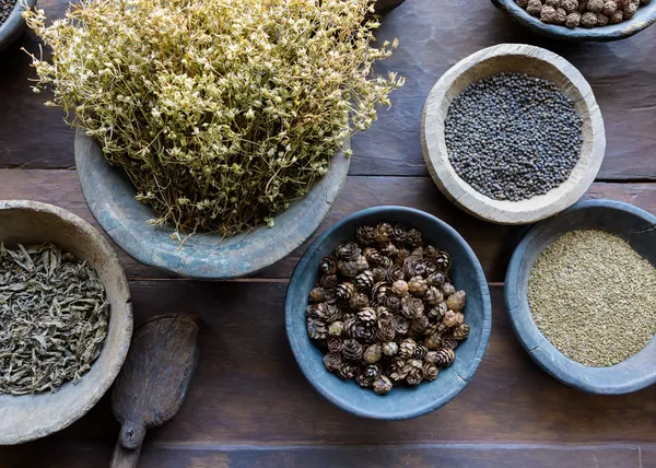 Herbs and spices in bowls — Stock Photo, Image