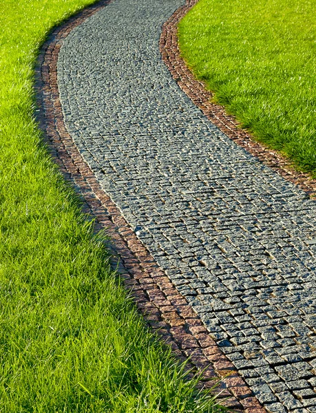 Pavimentazione del percorso da pietre di granito in erba verde — Foto Stock