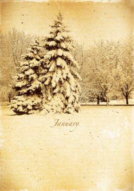 retro bir takvim. Ocak. Vintage kış manzarası.