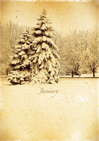 Calendario retrò. Gennaio. Paesaggio invernale vintage . — Foto Stock