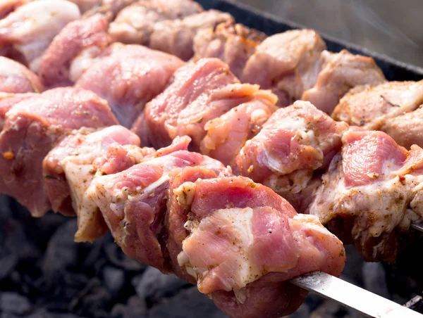 Råa marinerade shashlik, grill. Foto med selektiv inriktning — Stockfoto