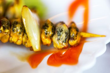 yaratıcı kızarmış midye otlar, seçici odak ile hizmet veren.  