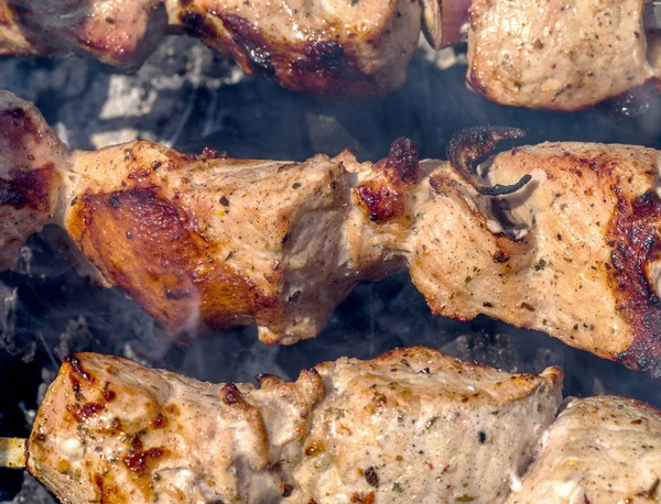 Ljusa och fräscha redo appetinye kebab på spett över kolen p — Stockfoto