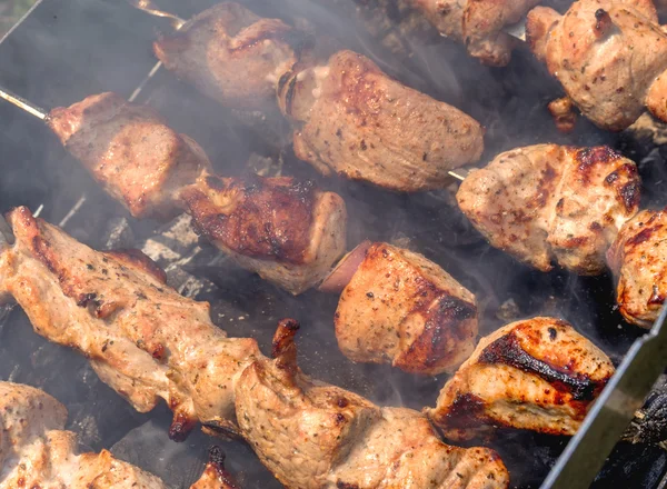 तयार केलेल्या कोळशांवर शेवर्सवर उज्ज्वल, ताजे तयार कबाब — स्टॉक फोटो, इमेज