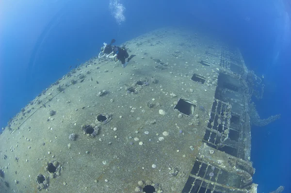 Scuba duikers over een schipbreuk — Stockfoto